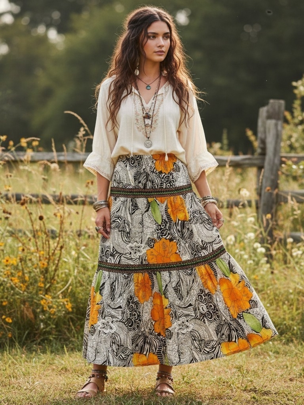 Choices Y2K Boho Floral Tiered Midi Peasant Skirt Orange Black Small